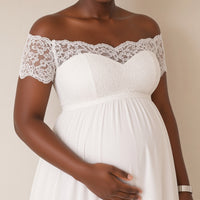Robe de mariée de grossesse en dentelle et mousseline, blanc, détail de la dentelle – SAKIWÉ