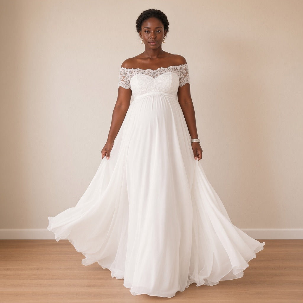 Robe de mariée de grossesse en dentelle et mousseline, blanc, en mouvement – SAKIWÉ
