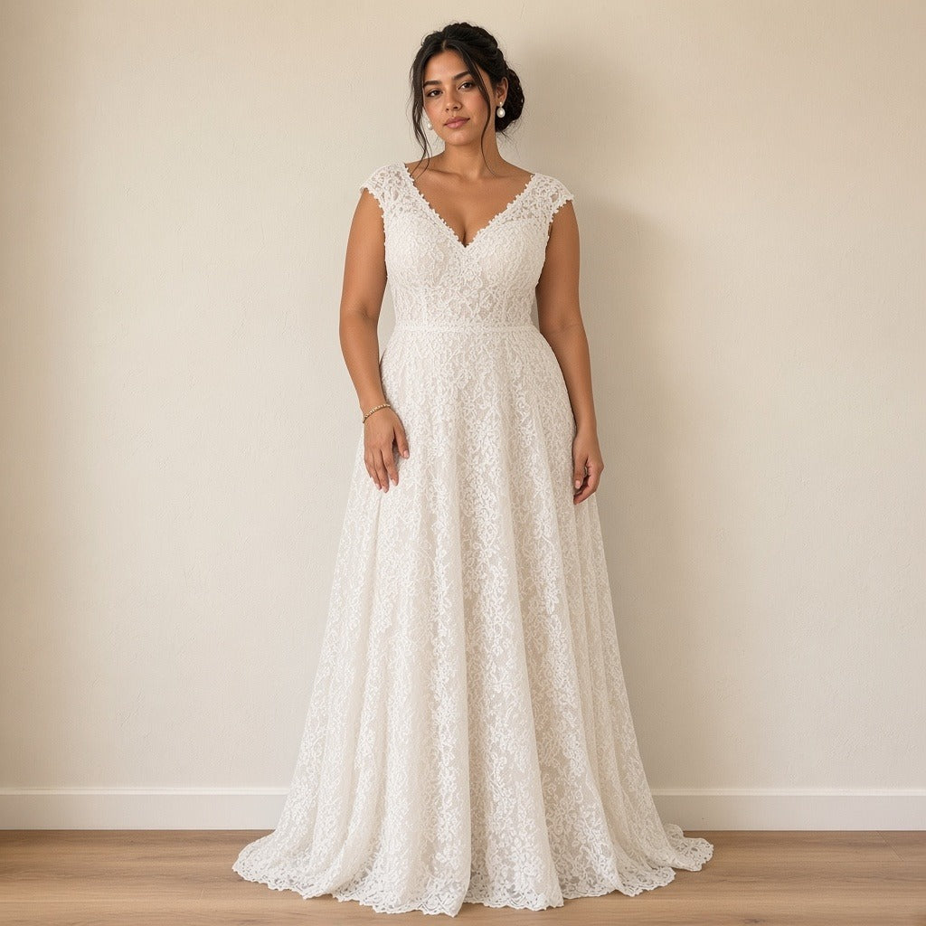 Robe de mariée longue en dentelle à col V, blanc, vue de face – SAKIWÉ