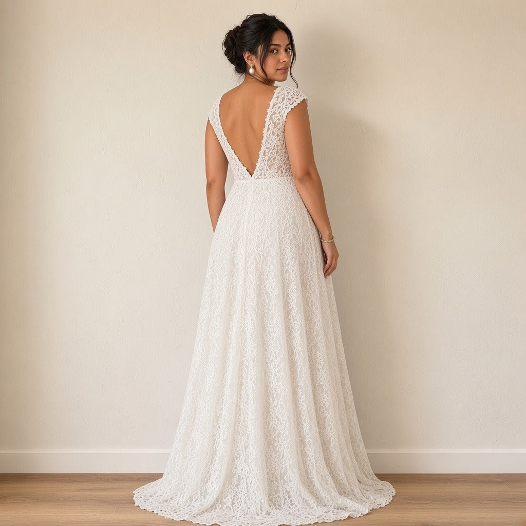 Robe de mariée longue en dentelle à col V, blanc, vue de dos en V – SAKIWÉ