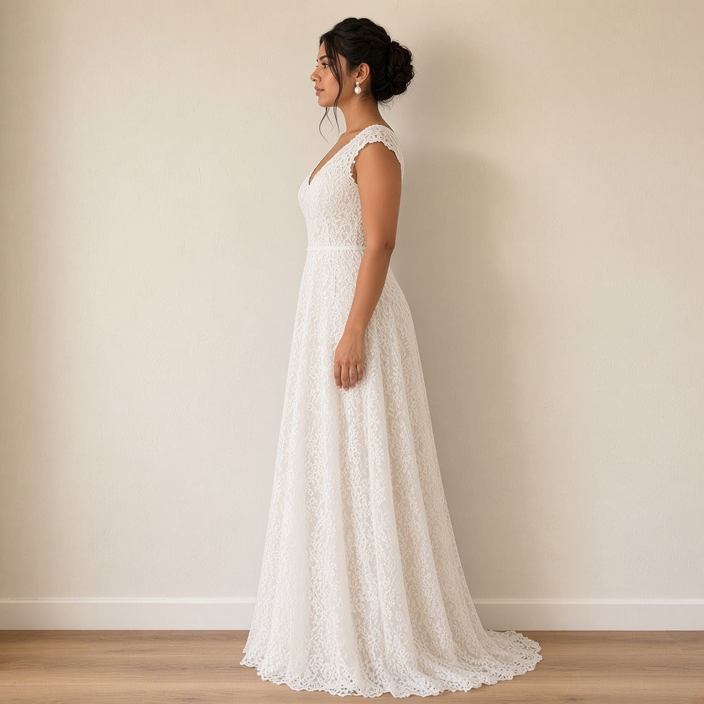 Robe de mariée longue en dentelle à col V, blanc, vue de profil – SAKIWÉ