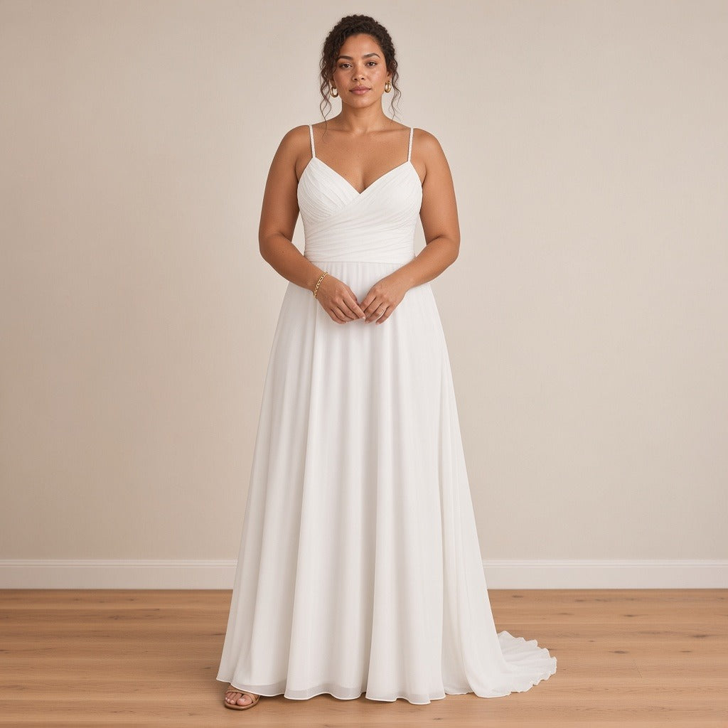 Robe de mariée longue en mousseline à fines bretelles, blanc, vue de face – SAKIWÉ