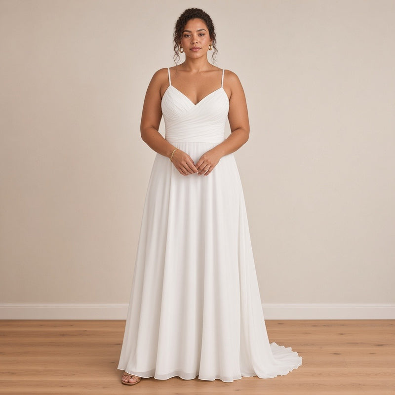 Robe de mariée longue en mousseline à fines bretelles, blanc, vue de face – SAKIWÉ