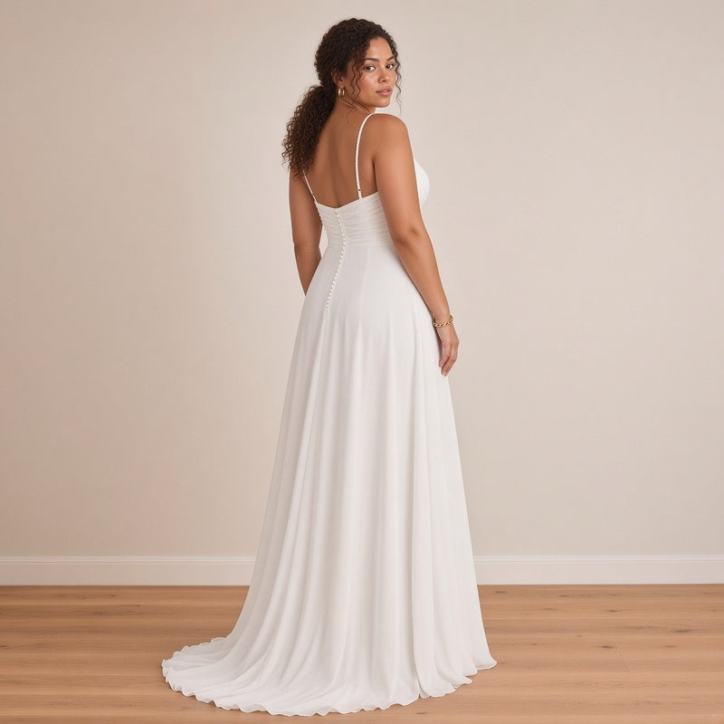 Robe de mariée longue en mousseline à fines bretelles, blanc, vue de dos – SAKIWÉ