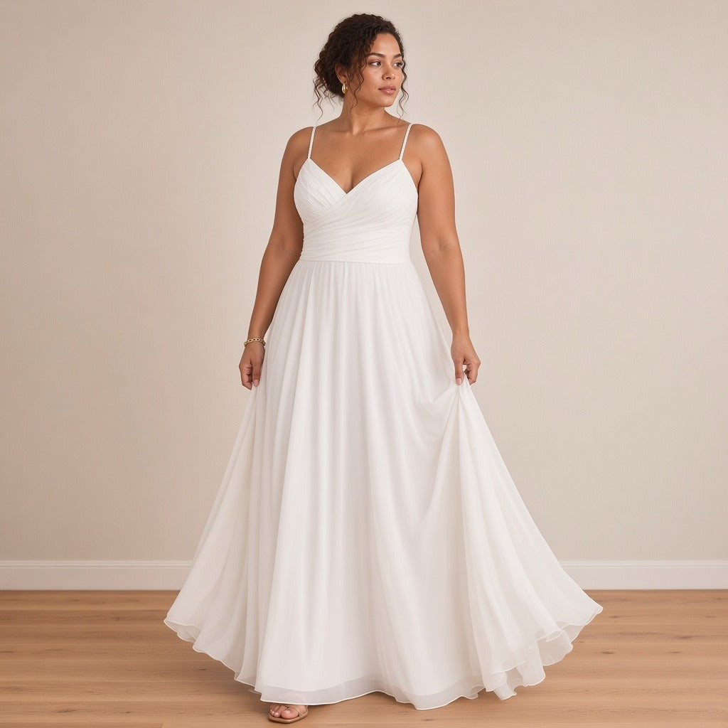 Robe de mariée longue en mousseline à fines bretelles, blanc, vue de trois-quarts – SAKIWÉ