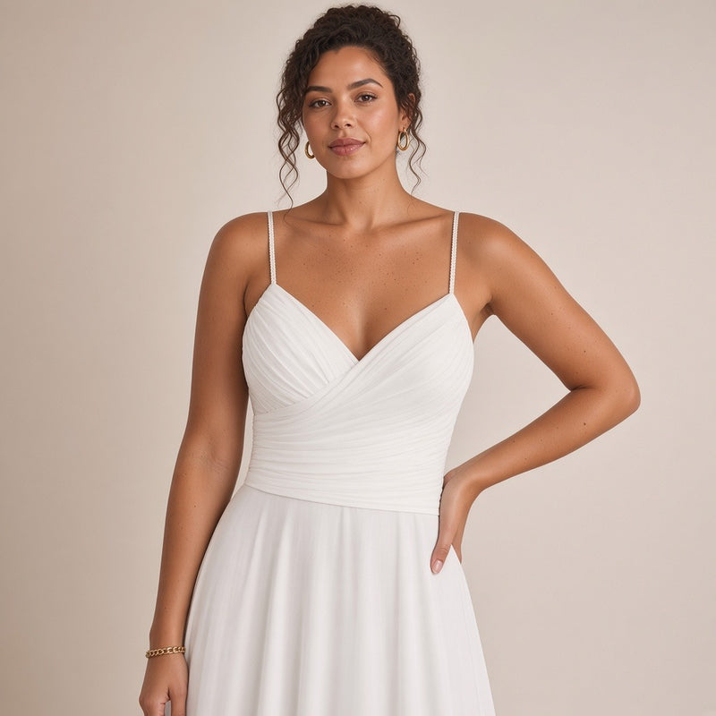 Robe de mariée longue en mousseline à fines bretelles, blanc, détail du buste drapé – SAKIWÉ