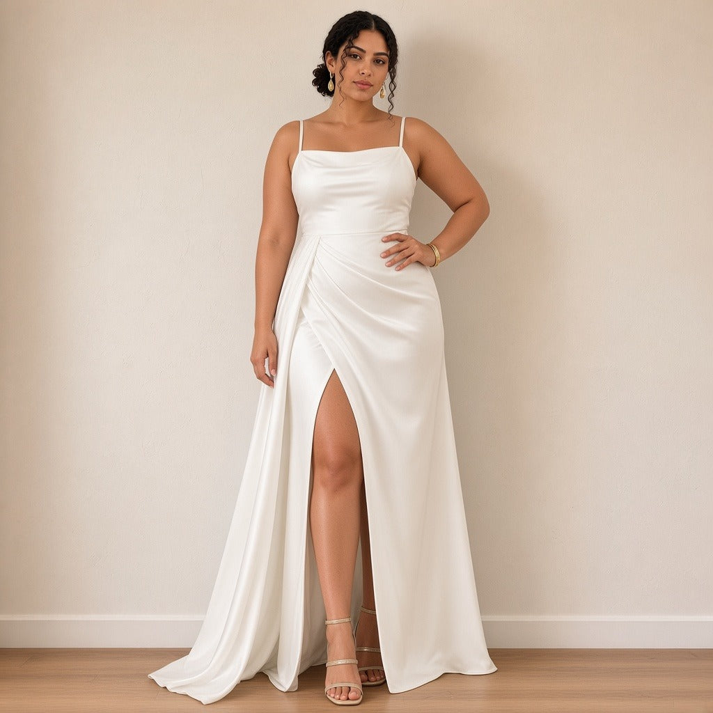 Robe de mariée longue en satin à fines bretelles et fente, blanc, vue de face – SAKIWÉ
