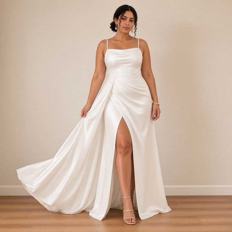 Robe de mariée longue en satin à fines bretelles et fente, blanc, pan de satin déployé – SAKIWÉ