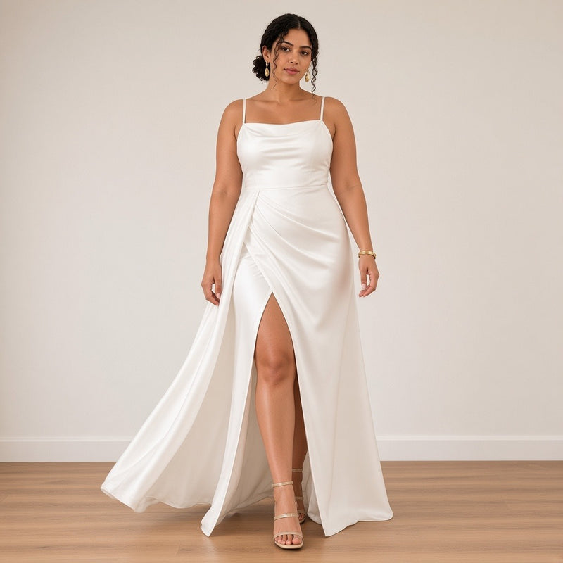 Robe de mariée longue en satin à fines bretelles et fente, blanc, en mouvement – SAKIWÉ