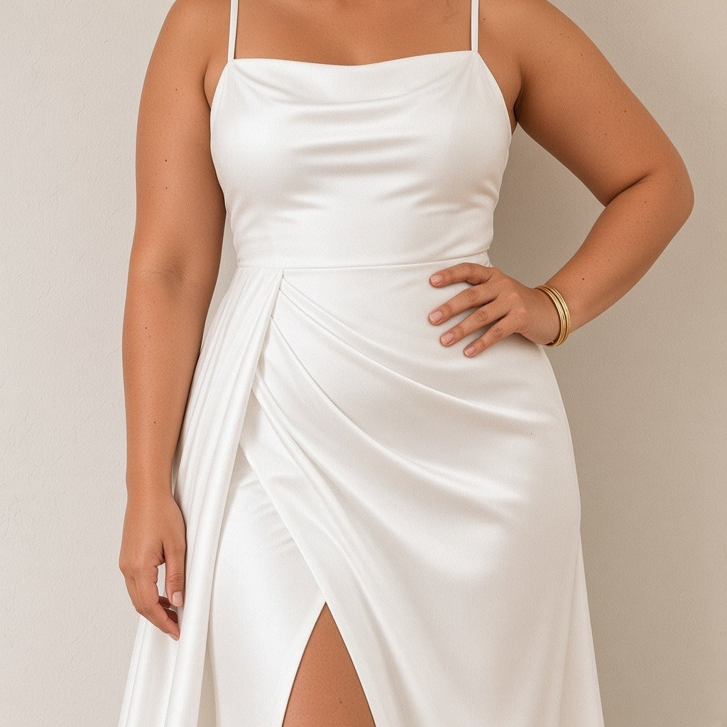 Robe de mariée longue en satin à fines bretelles et fente, blanc, détail du drapé – SAKIWÉ