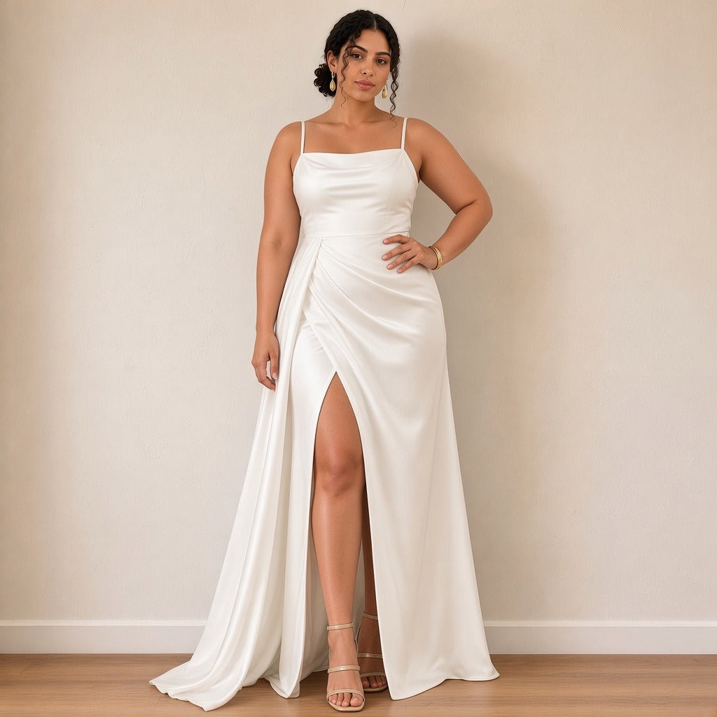 Robe de mariée longue en satin à fines bretelles et fente, blanc, vue de trois-quarts – SAKIWÉ