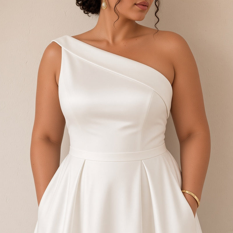 Robe de mariée longue une épaule en satin à poches, blanc, détail de l'encolure une épaule – SAKIWÉ