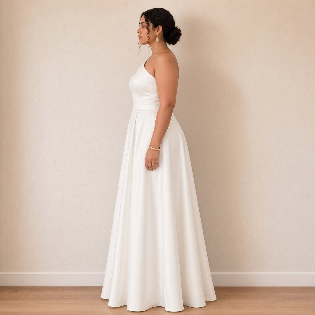 Robe de mariée longue une épaule en satin à poches, blanc, vue de profil – SAKIWÉ