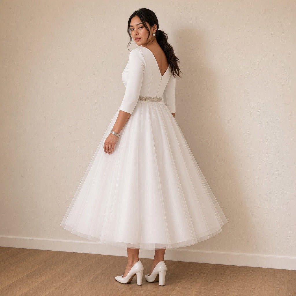 Robe de mariée mi-longue en tulle à manches trois-quarts, blanc, vue de dos – SAKIWÉ