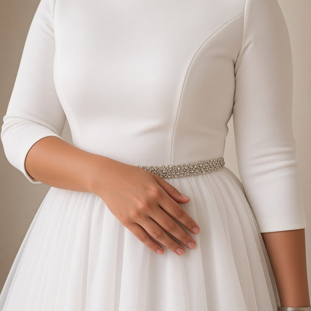 Robe de mariée mi-longue en tulle à manches trois-quarts, blanc, détail de la ceinture strass – SAKIWÉ