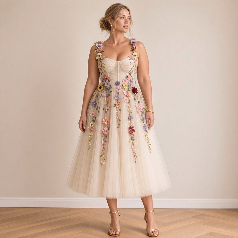 Robe de mariée midi en tulle champagne à fleurs brodées 3D, vue de face – SAKIWÉ