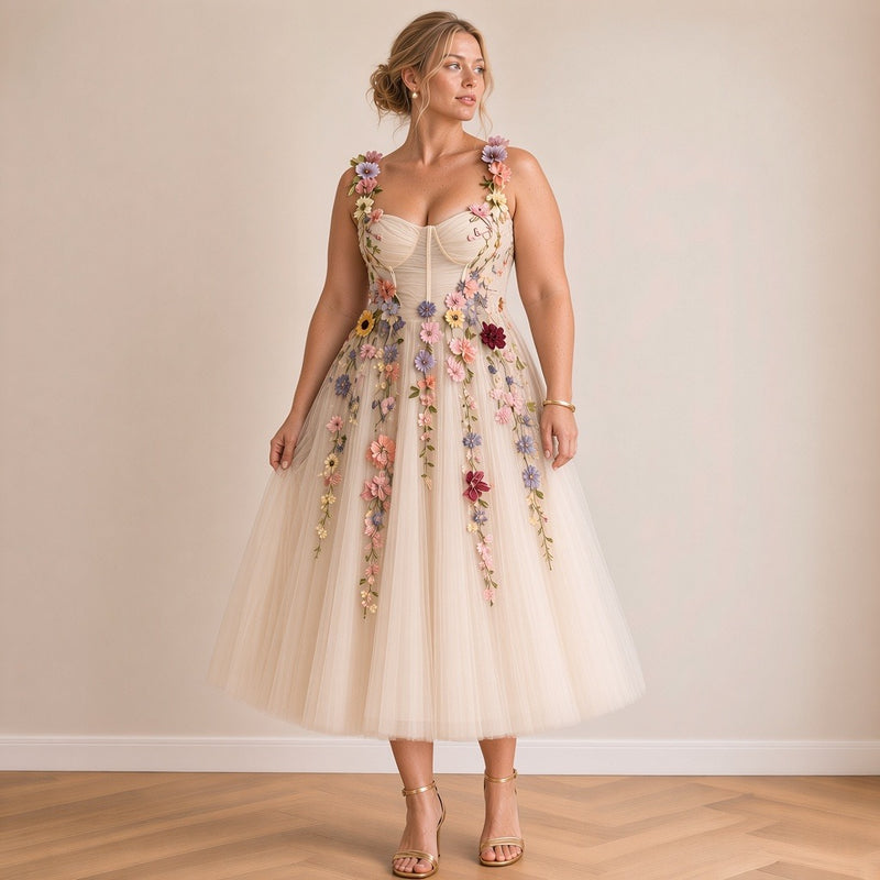 Robe de mariée midi en tulle champagne à fleurs brodées 3D, vue de trois-quarts – SAKIWÉ
