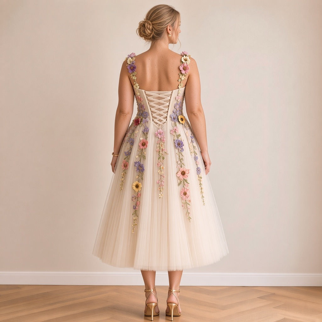 Robe de mariée midi en tulle champagne à fleurs brodées 3D, vue de dos avec laçage – SAKIWÉ