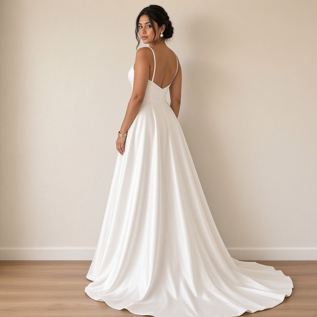 Robe de mariée en satin à fines bretelles et poches, blanc, vue de dos – SAKIWÉ