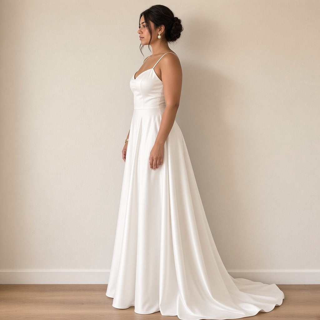 Robe de mariée en satin à fines bretelles et poches, blanc, vue de profil – SAKIWÉ