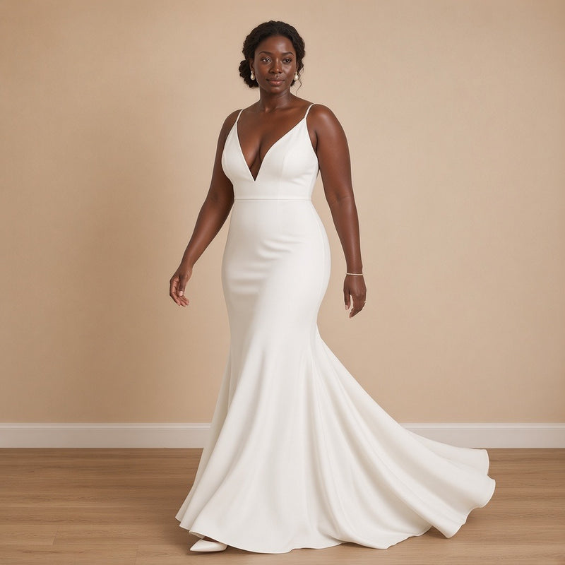 Robe de mariée sirène en crêpe à décolleté V, blanc, en mouvement – SAKIWÉ