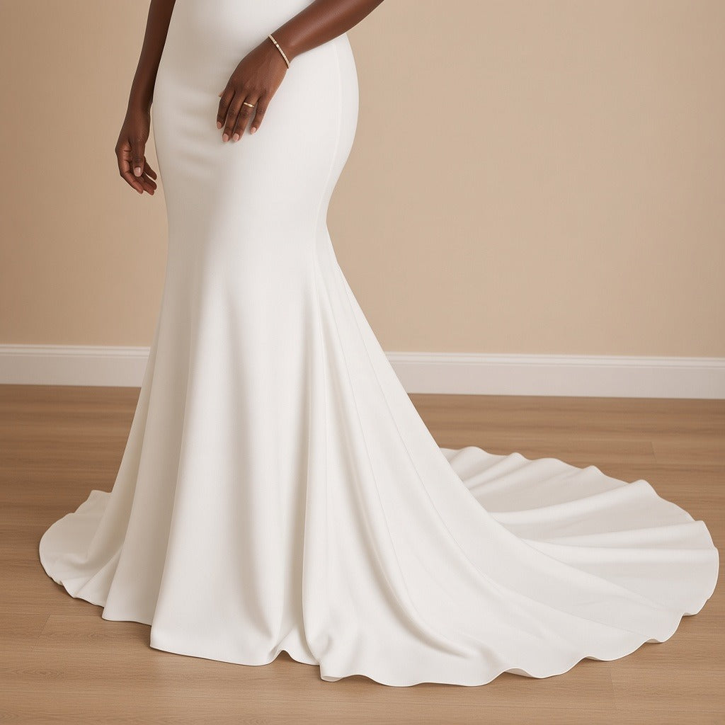 Robe de mariée sirène en crêpe à décolleté V, blanc, détail de la jupe et de la traîne – SAKIWÉ