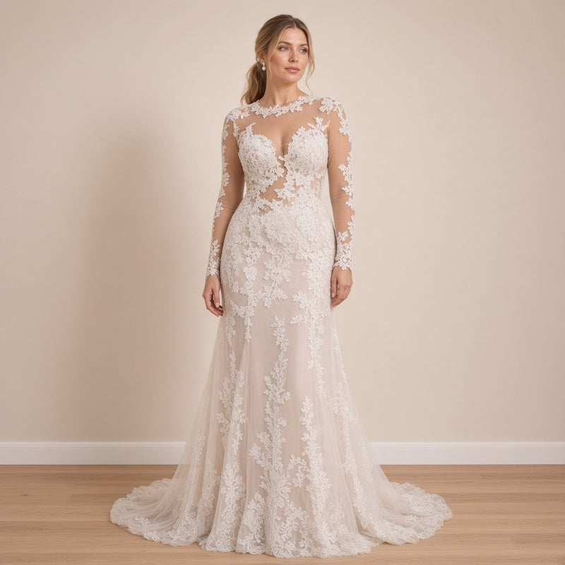 Robe de mariée sirène en dentelle à manches longues, blanc, vue de face – SAKIWÉ
