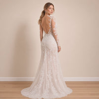 Robe de mariée sirène en dentelle à manches longues, blanc, vue de dos – SAKIWÉ
