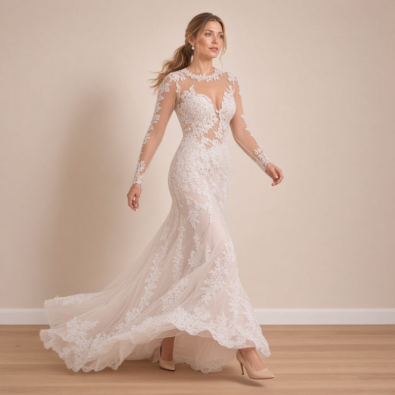 Robe de mariée sirène en dentelle à manches longues, blanc, en mouvement – SAKIWÉ