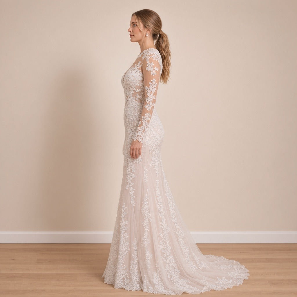 Robe de mariée sirène en dentelle à manches longues, blanc, vue de profil – SAKIWÉ