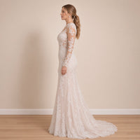 Robe de mariée sirène en dentelle à manches longues, blanc, vue de profil – SAKIWÉ