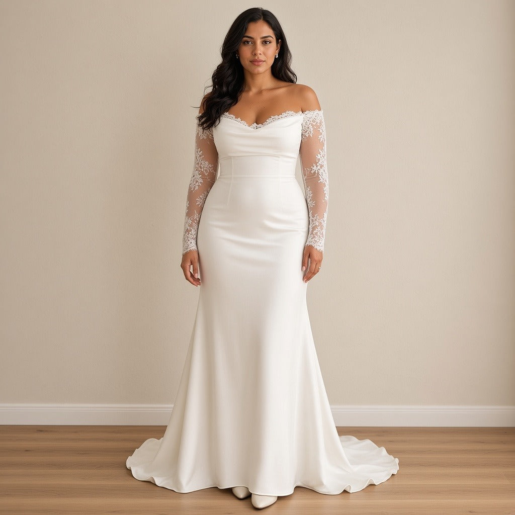 Robe de mariée sirène à manches longues en dentelle, blanc, vue de face – SAKIWÉ