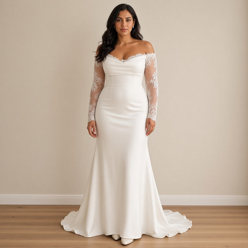 Robe de mariée sirène à manches longues en dentelle, blanc, vue de face – SAKIWÉ