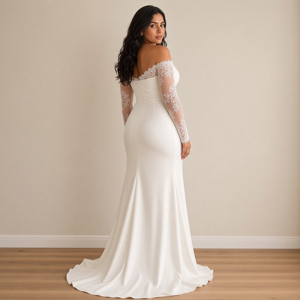 Robe de mariée sirène à manches longues en dentelle, blanc, vue de dos – SAKIWÉ