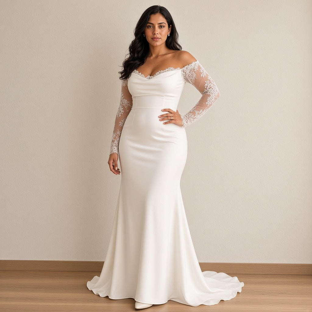 Robe de mariée sirène à manches longues en dentelle, blanc, vue de trois-quarts – SAKIWÉ