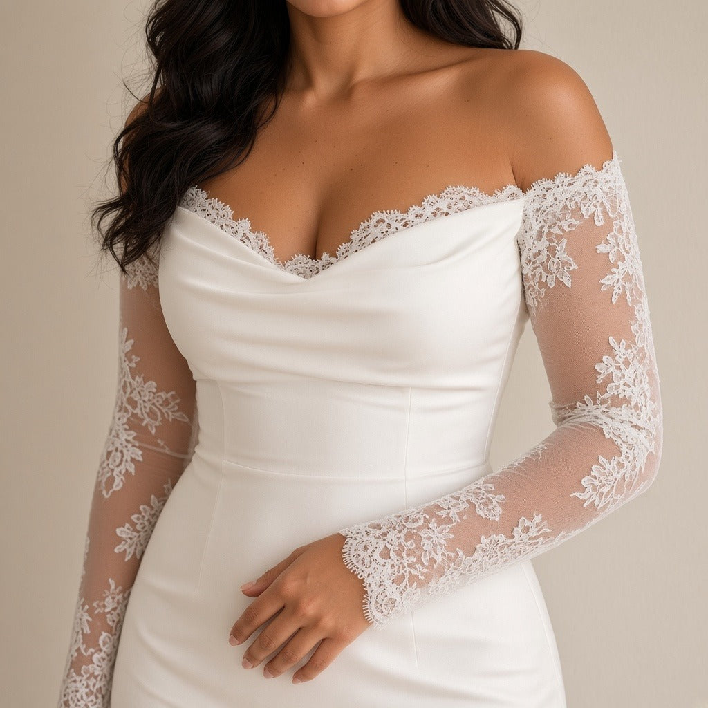 Robe de mariée sirène à manches longues en dentelle, blanc, détail des manches en dentelle – SAKIWÉ