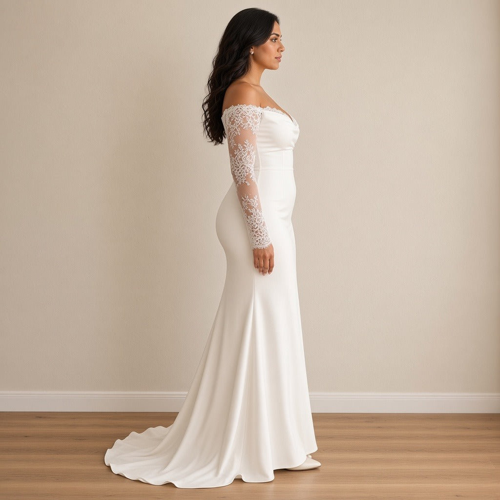 Robe de mariée sirène à manches longues en dentelle, blanc, vue de profil – SAKIWÉ