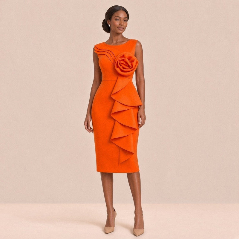 Robe fourreau midi sans manches à rose 3D et volants en cascade – Orange vif, vue de face