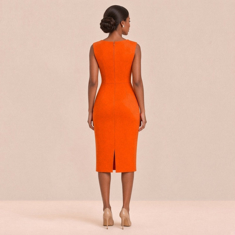 Robe fourreau midi sans manches à rose 3D et volants en cascade – Orange vif, vue de dos