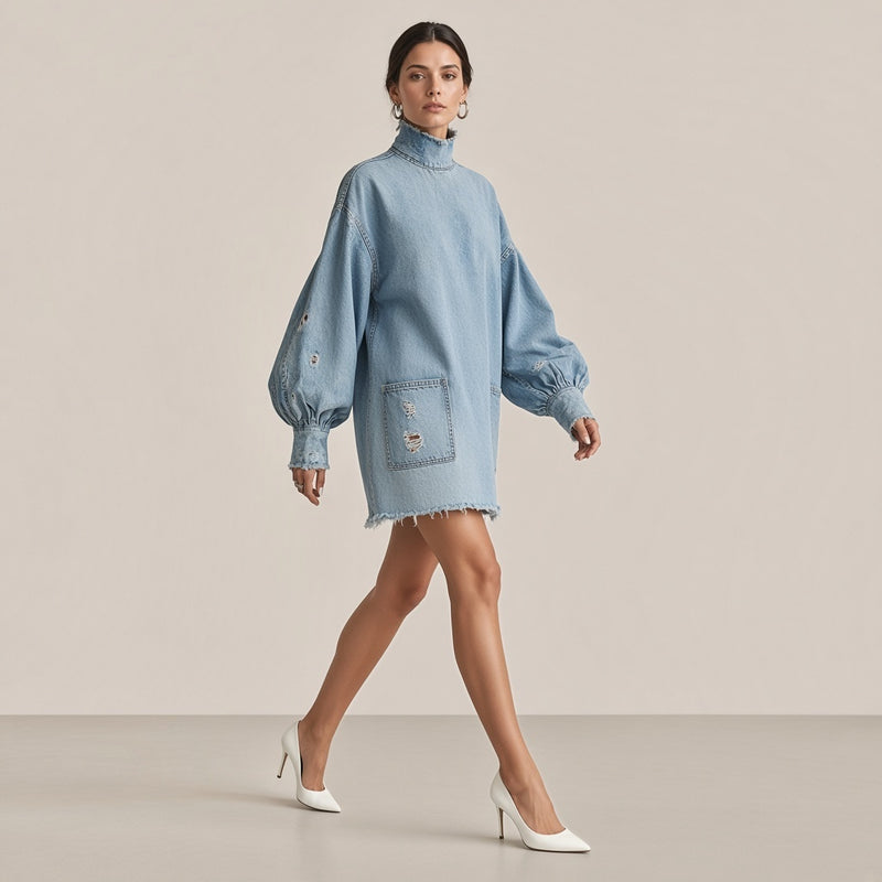 Robe en jean oversize délavée SAKIWE bleu clair, en marche, vue de trois-quarts