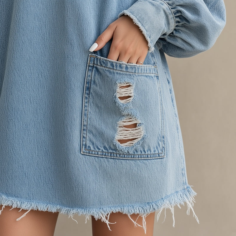 Robe en jean oversize délavée SAKIWE bleu clair, gros plan sur la poche déchirée et l’ourlet effiloché