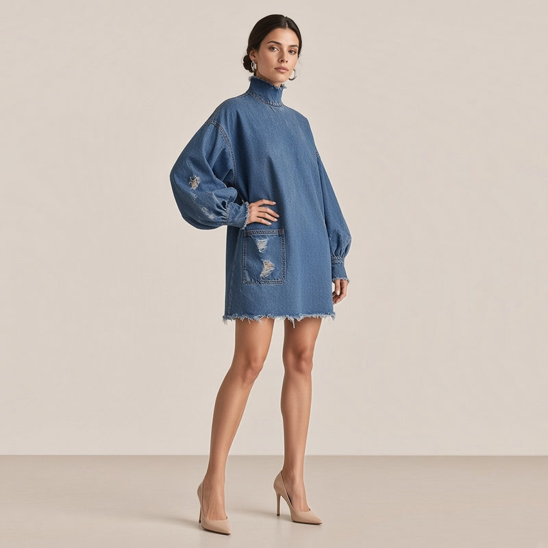 Robe en jean oversize délavée SAKIWE bleu foncé, main sur la hanche, vue de trois-quarts