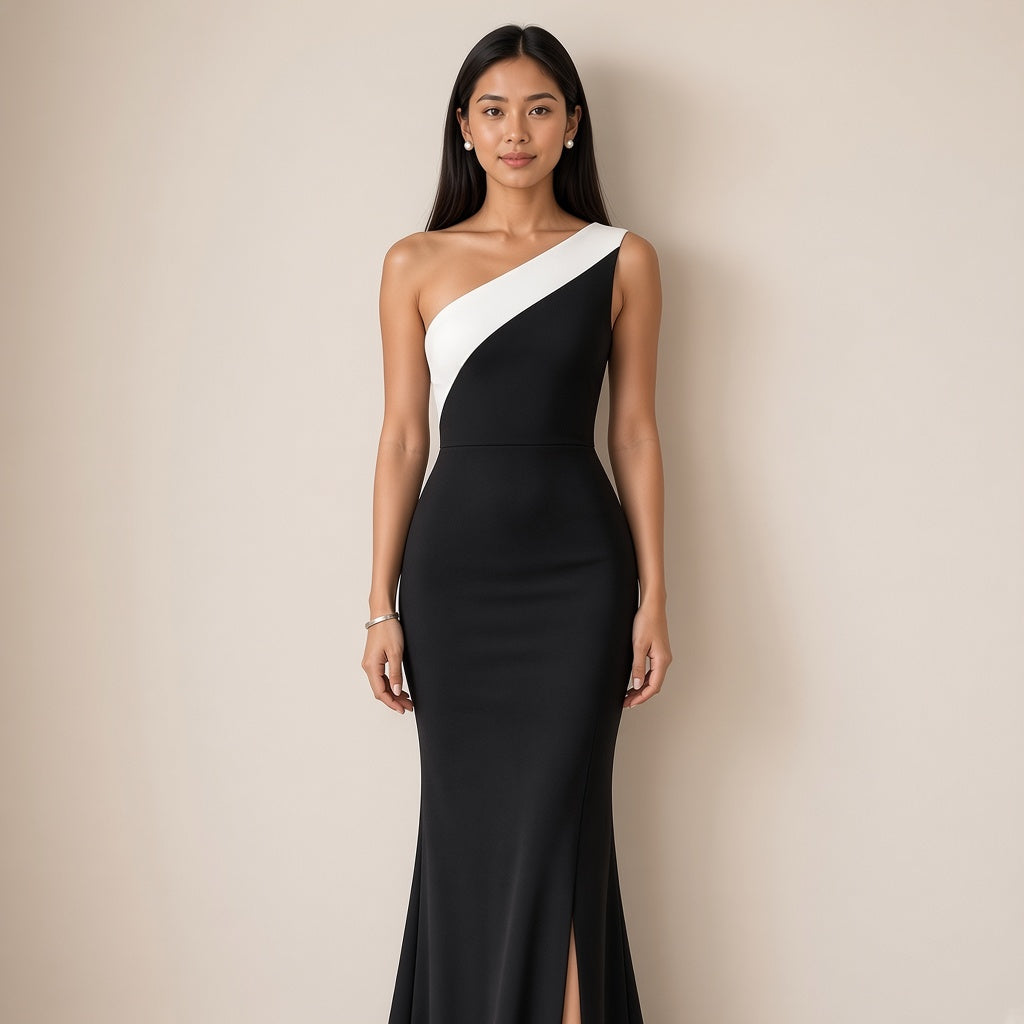 Robe longue noire une épaule, vue mi-corps – SAKIWÉ