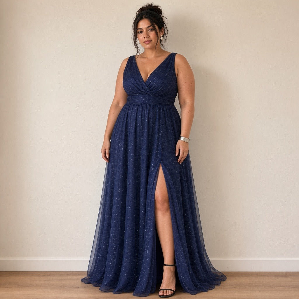 Robe longue bleu marine en tulle scintillant à décolleté en V, vue de face – SAKIWÉ