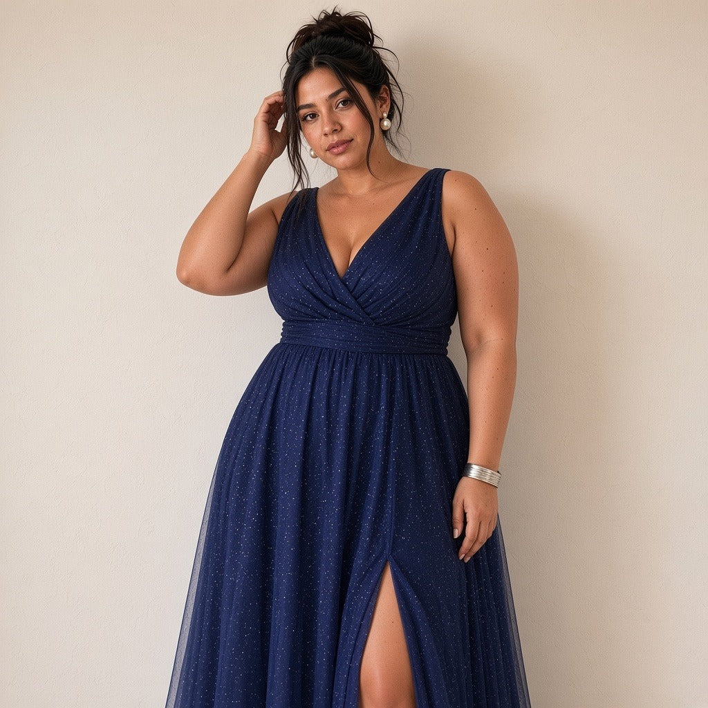 Robe longue bleu marine en tulle scintillant à décolleté en V, portrait jusqu’aux genoux – SAKIWÉ