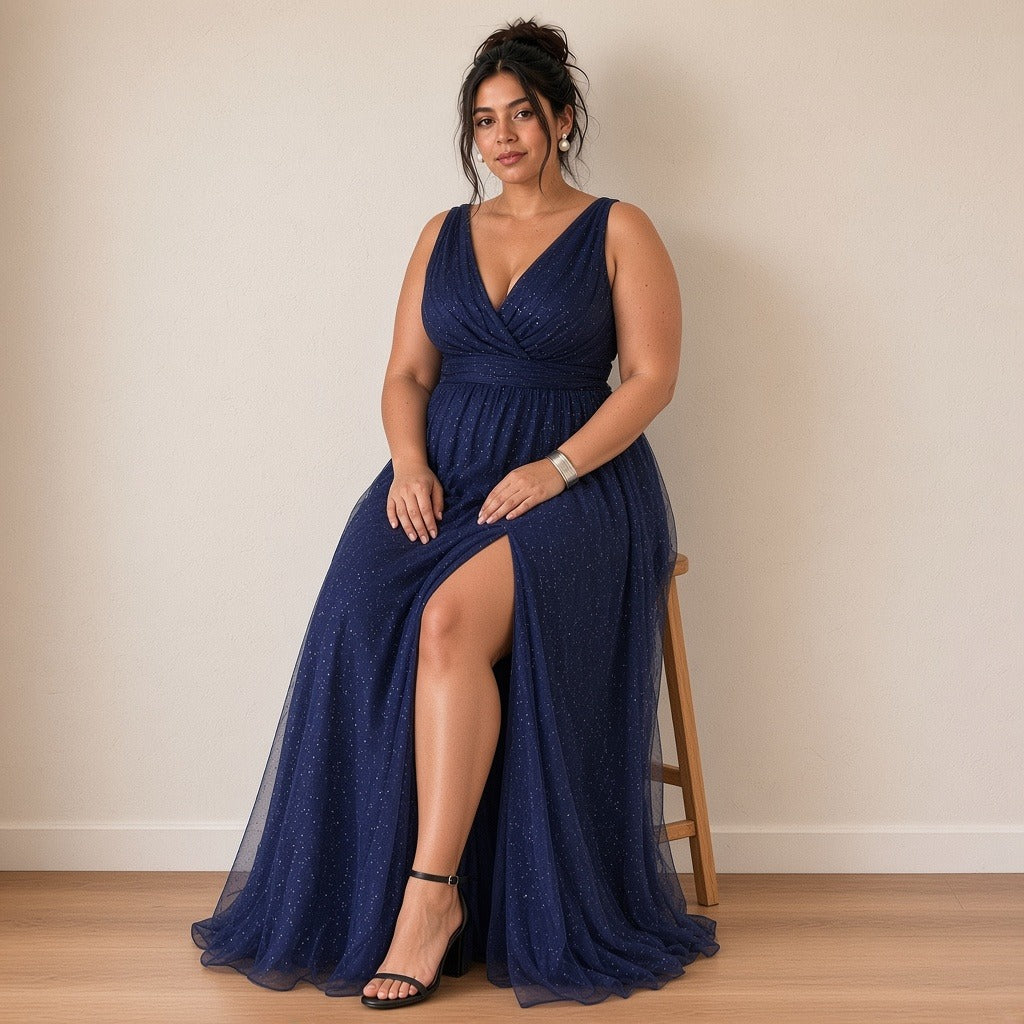 Robe longue bleu marine en tulle scintillant à décolleté en V, portée assise – SAKIWÉ
