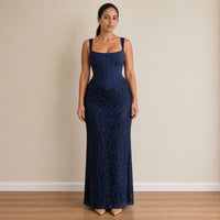 Robe longue bustier corset et jupe à sequins, bleu marine, vue de face – SAKIWÉ