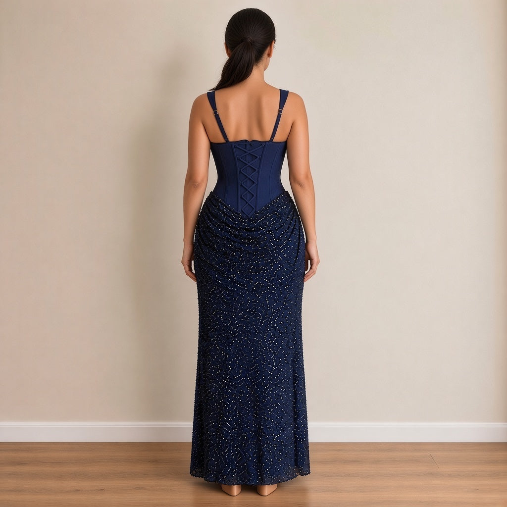 Robe longue bustier corset et jupe à sequins, bleu marine, vue de dos avec le laçage – SAKIWÉ