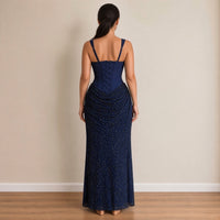 Robe longue bustier corset et jupe à sequins, bleu marine, vue de dos avec le laçage – SAKIWÉ