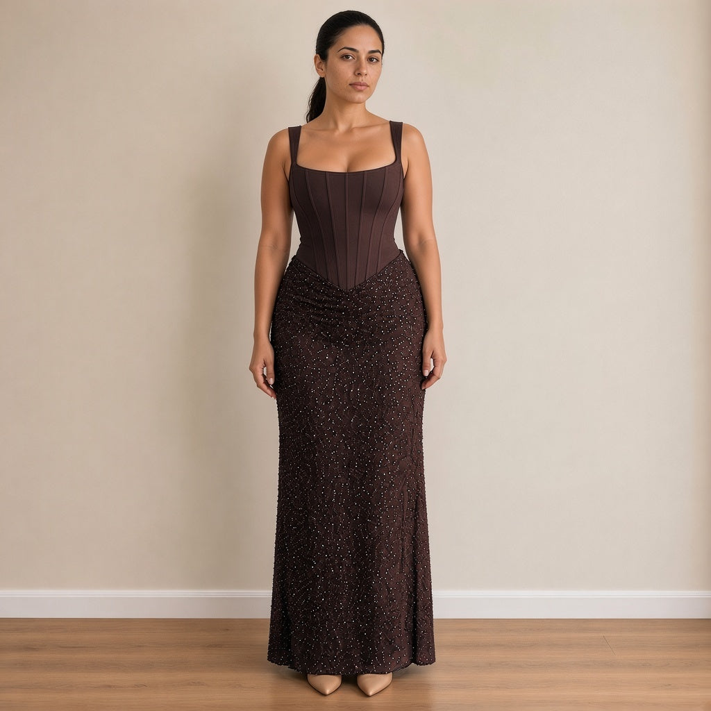 Robe longue bustier corset et jupe à sequins, café, vue de face – SAKIWÉ